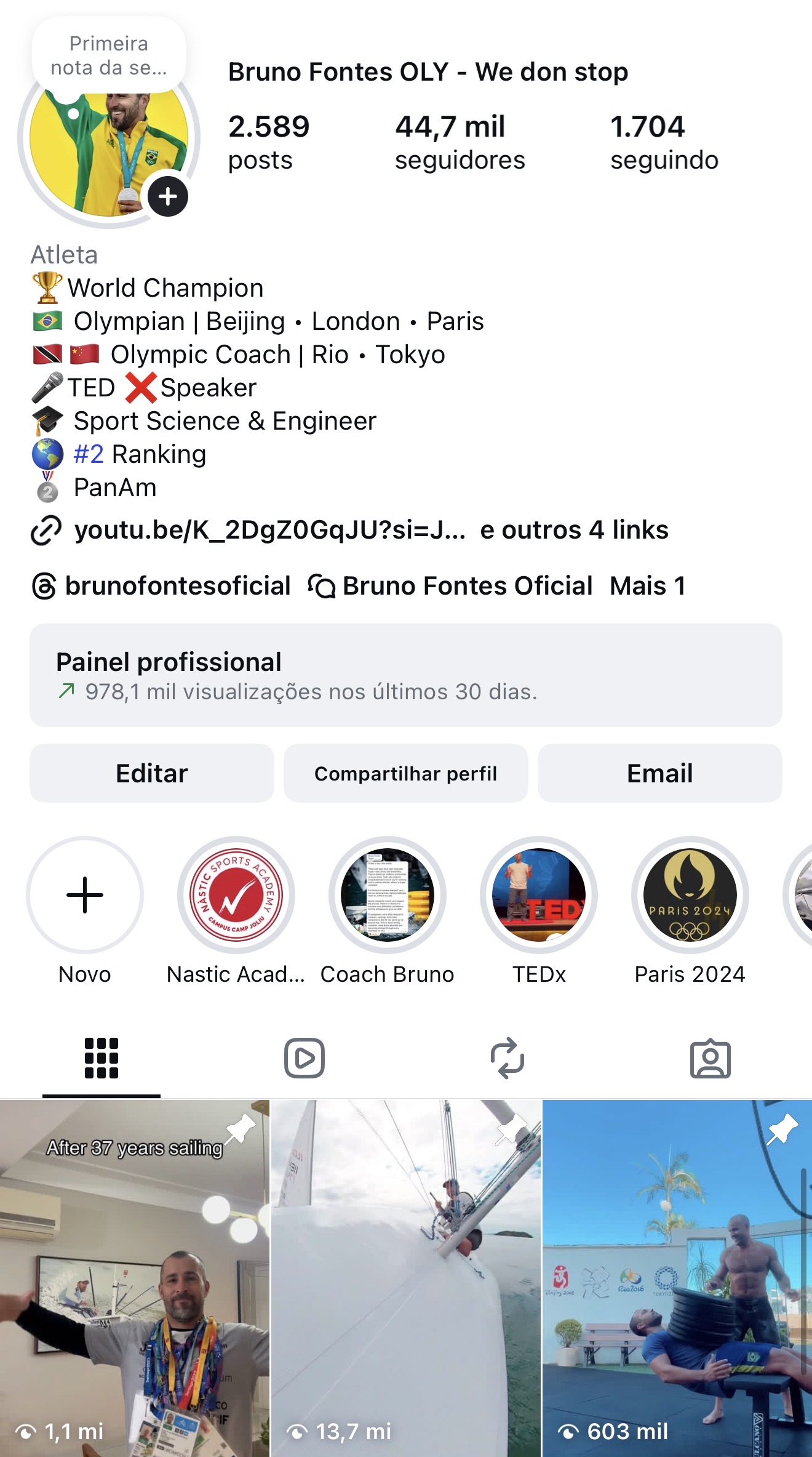 Perfil oficial de Bruno Fontes no Instagram — 978 mil visualizações, credibilidade que o mundo reconhece